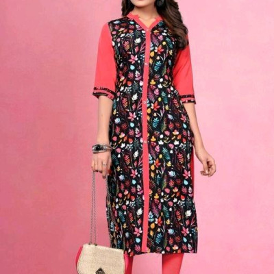 Stylish Black Floral Heavy American Crepe Kurtis