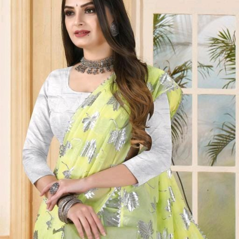 Aadishakti Yellow Fashion Leaf Embellished Sarees