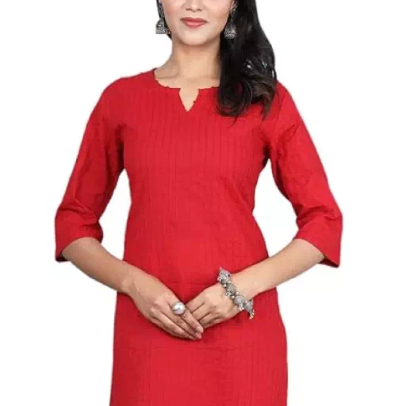 Red Women Cotton V-Neck Short Kurtis