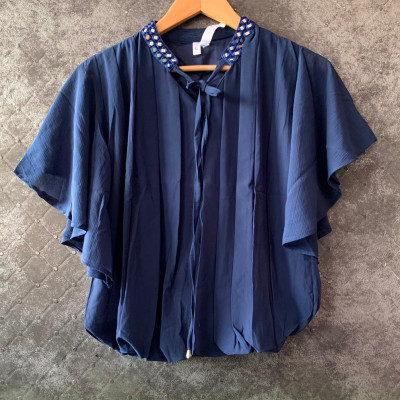 Blue Mirror Embroidery Knot Collar Balloon Top