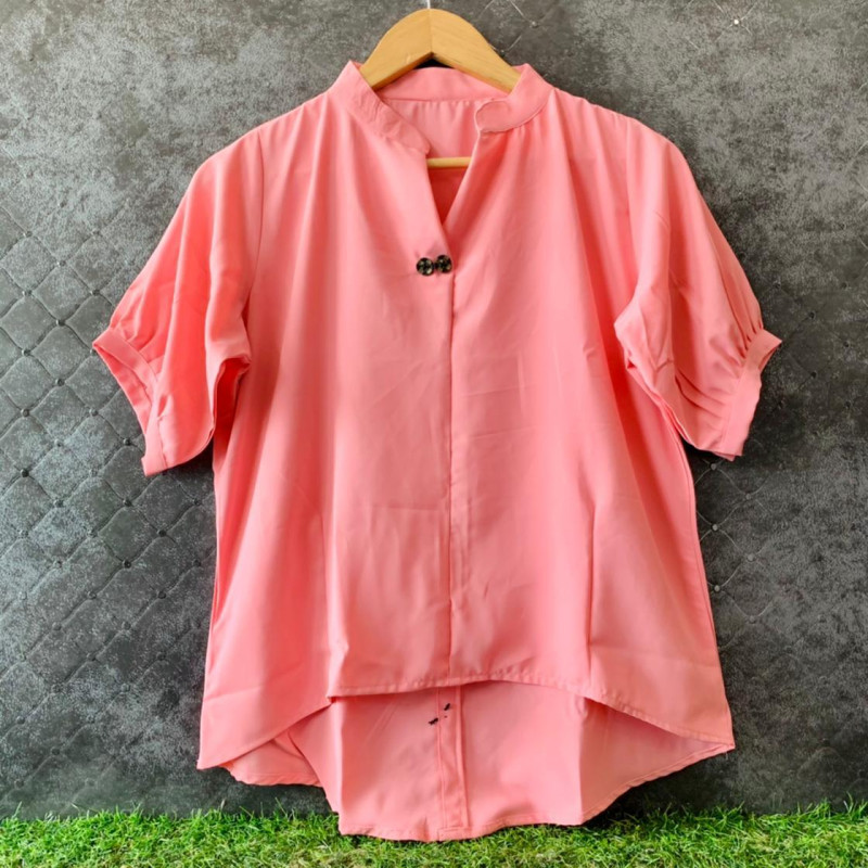 Coral Casual Pleated Half Sleeve 2 Button Up Down Top