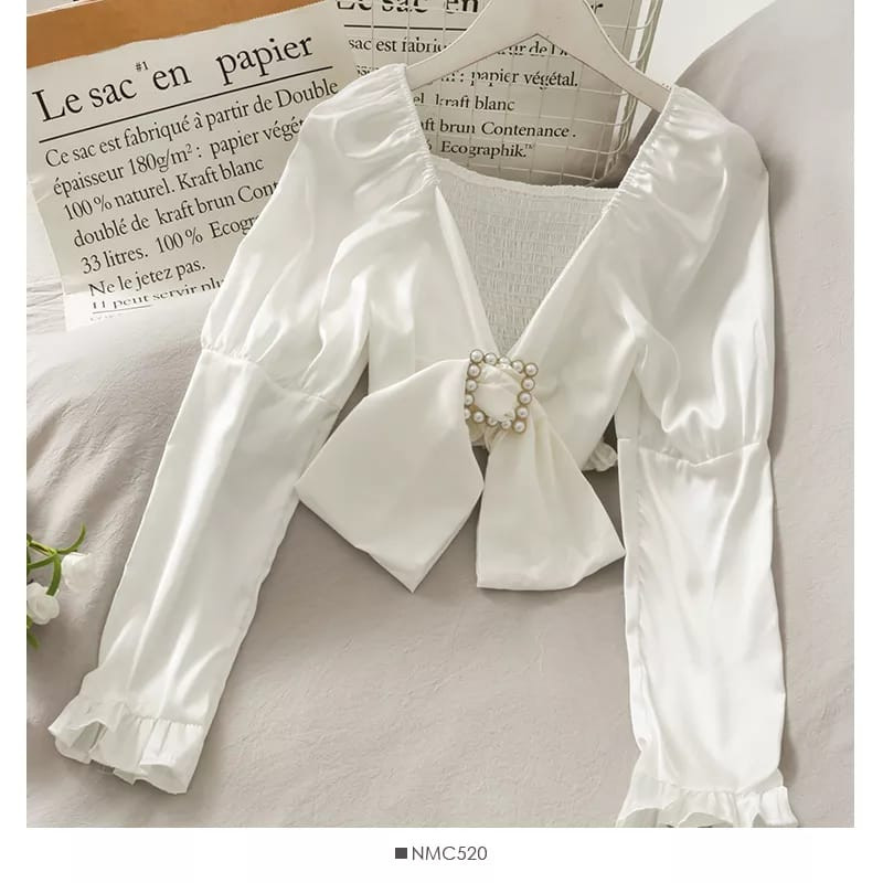 Sexy Deep White V-Neck Women Long Sleeve Crop Top